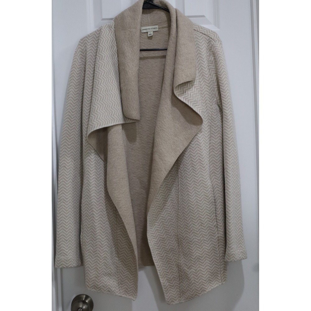 Adrienne Vittadini Beige Herringbone Wool Blend Draped Open Front Cardigan Large